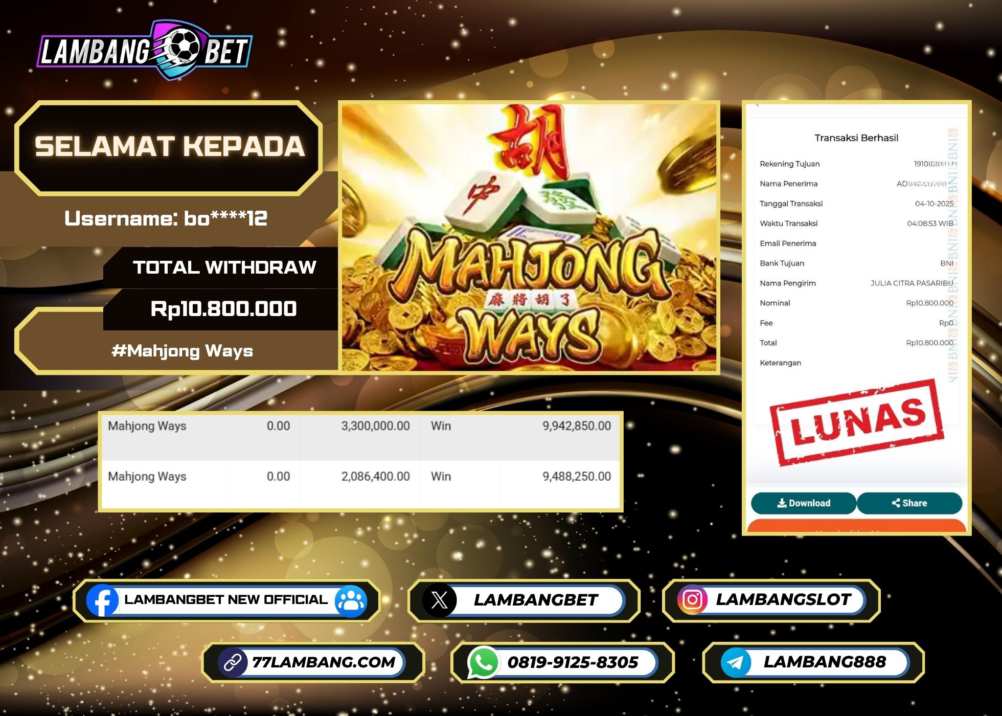 LAMBANGBET [4 OKTOBER 2025] JACKPOT SLOT Mahjong Ways "Rp10.800.000" LUNAS
